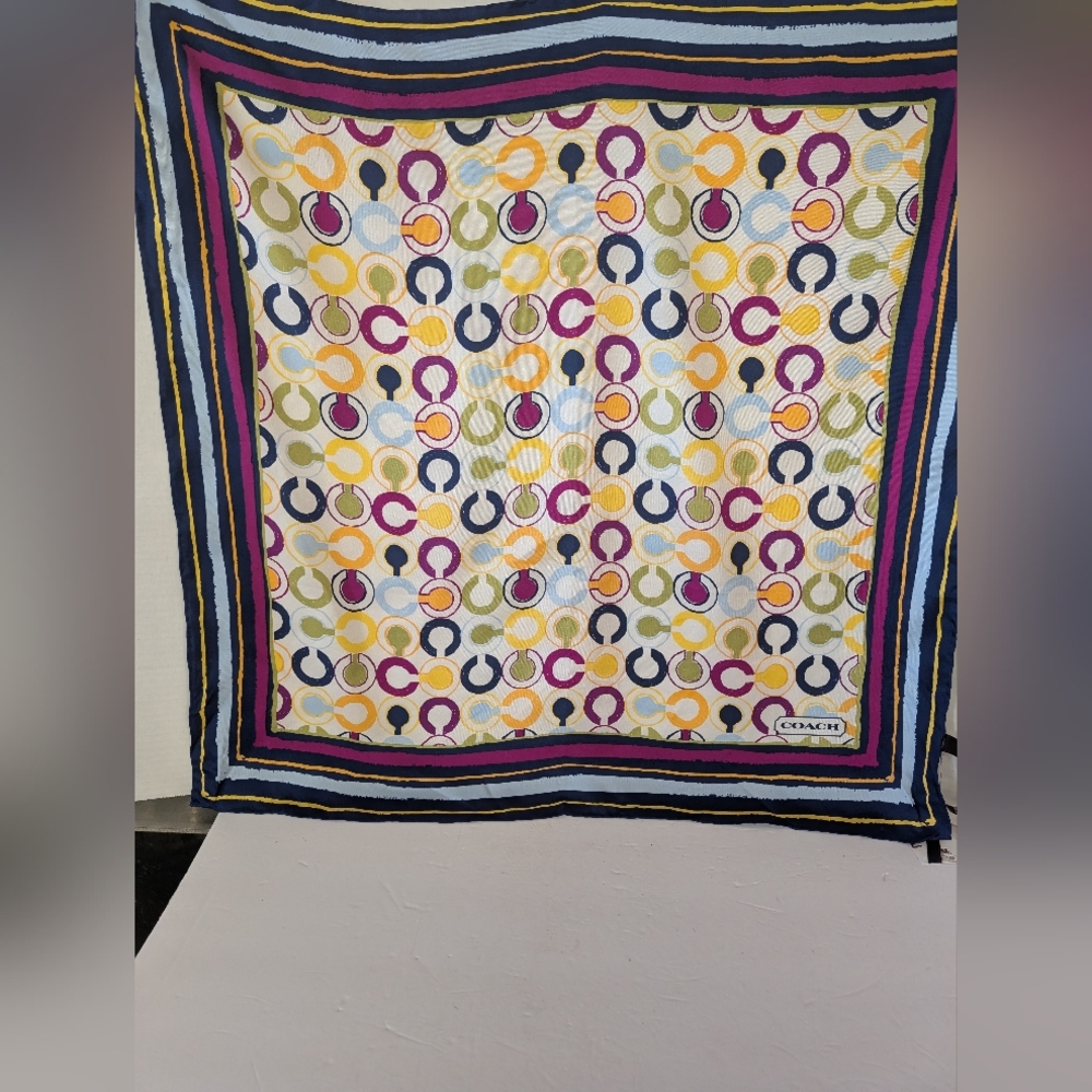 Coach Multicolor Circle & Stripe Silk Scarf in Navy, Yellow, Pink - Picture 2 of 4